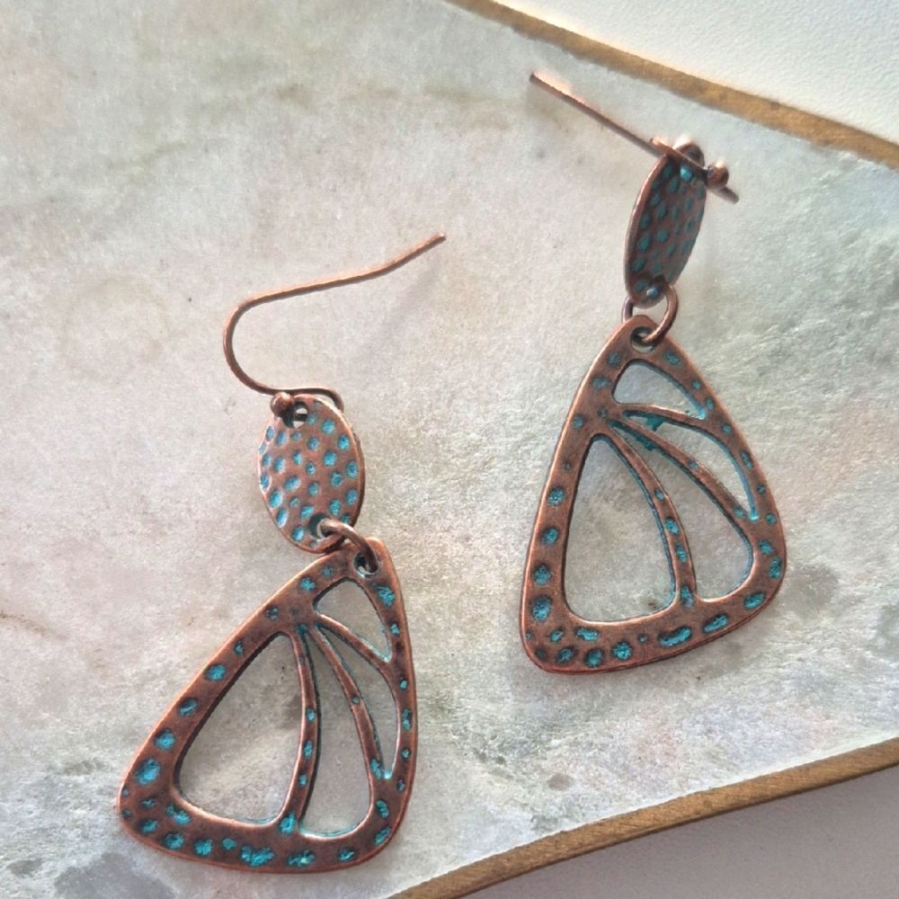 ♡♡♡ Copper Butterfly Wing Turquoise Teal Earrings Rustic Jewelry
